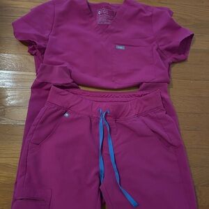 Figs Women's Scrub Set in Magenta with Blue Accents